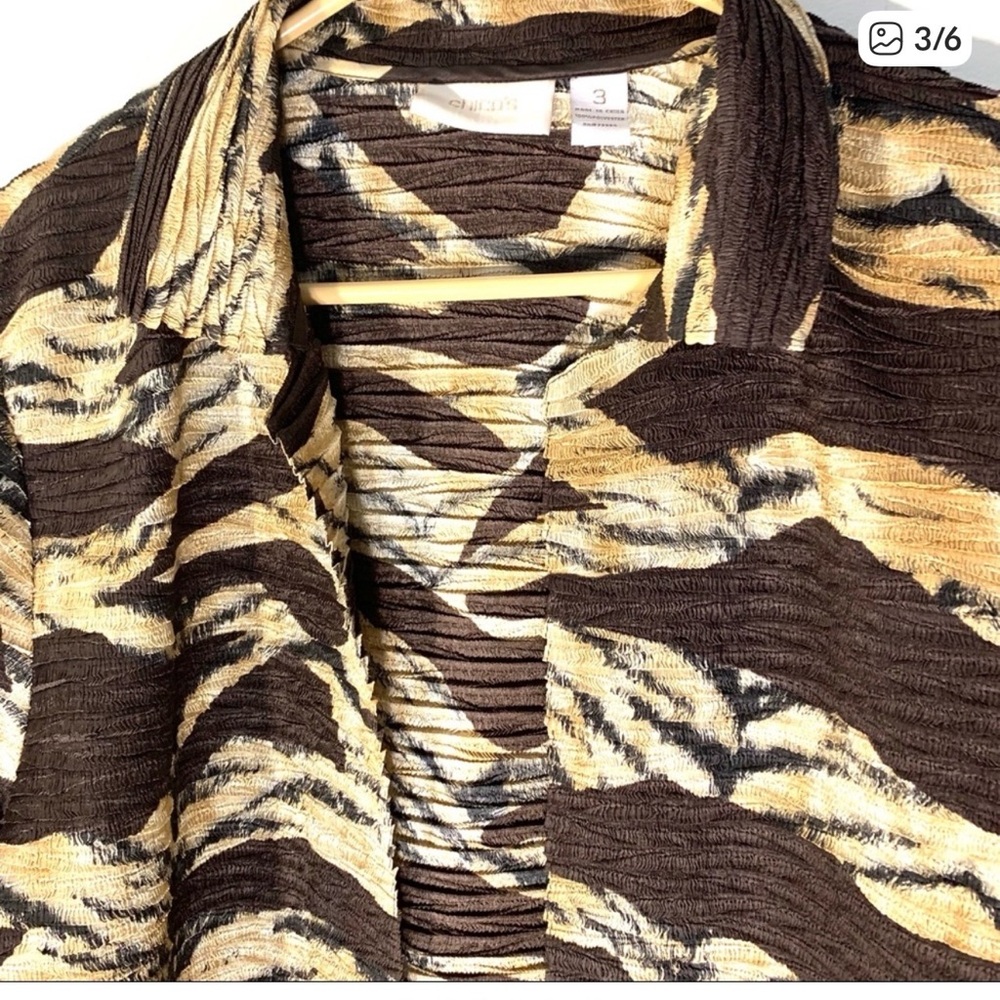 Chico’s Tiger Print Micro Pleated Open Blazer
